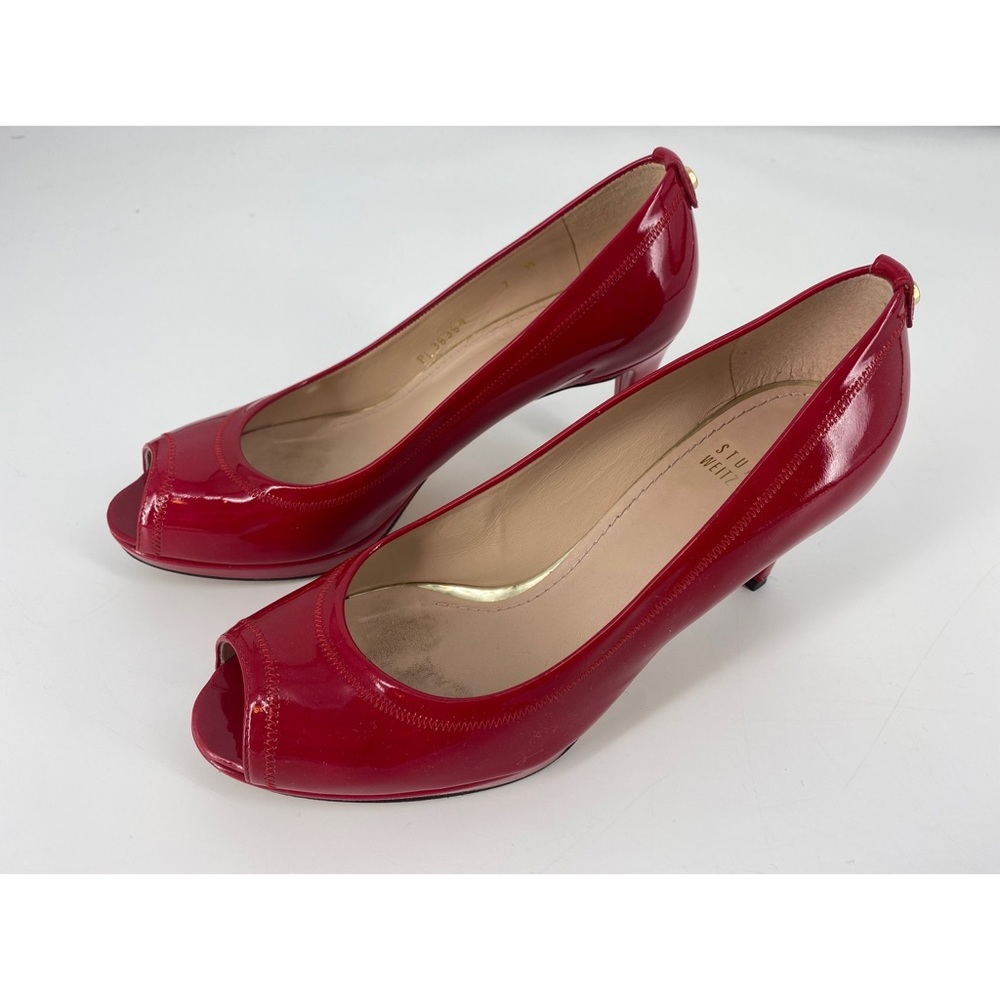 Stuart Weitzman Anabelle Patent Leather Red Peep Toe Pumps Heels